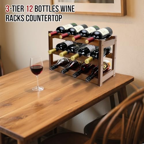 Bamboo Wine Rack, 3-Tier 12 Bottles Wine Storage Cabinet Shelf | Easy Assembl...