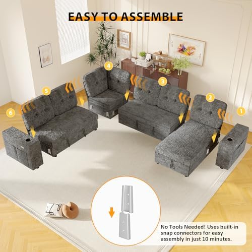 Modular Sectional Sleeper Sofa with Pull Out Bed, 108 Inch U Shaped 7 Seat Co...