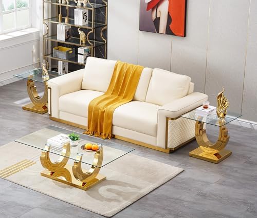 3-Piece Living Room Table Set, 51'' Modern Glass Coffee Table Set of ...