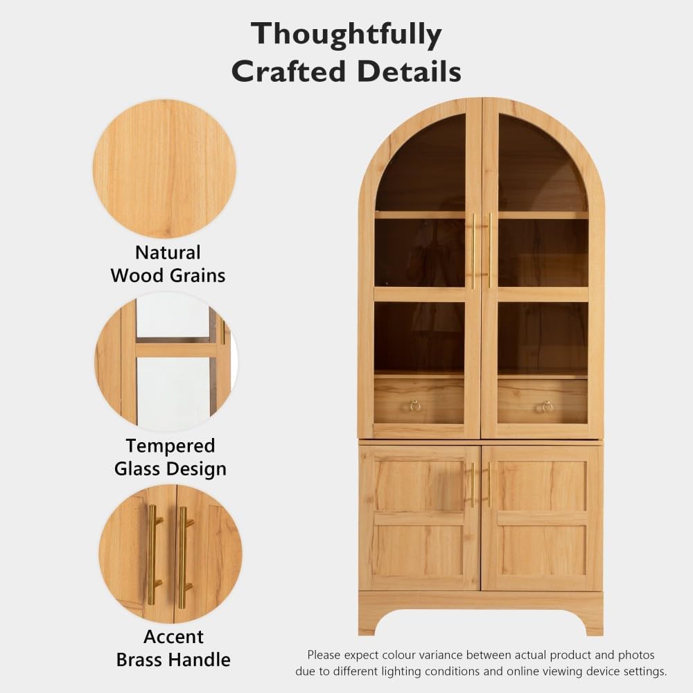 71 Inch Arched Kitchen Pantry Cabinet with Glass Doors and Hidden Drawer, Far...