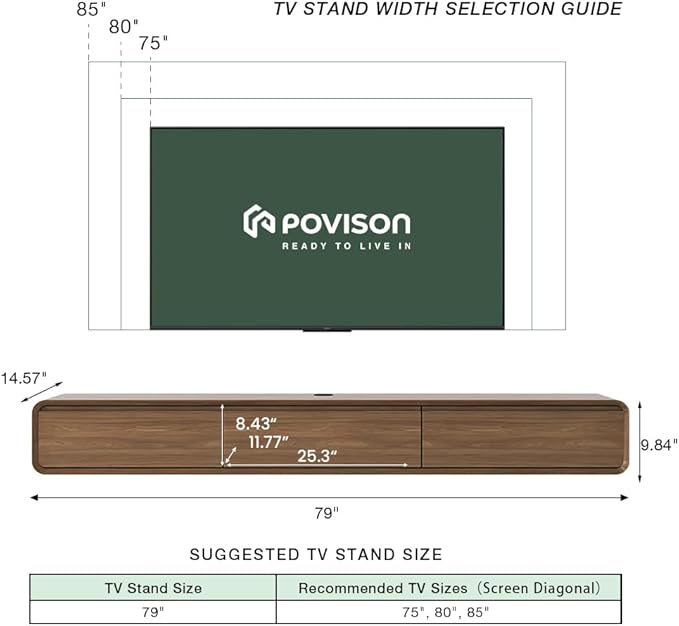 POVISON Fully-Assembled Minimalist Floating TV Stand, Modern Wall-Mounted Entertainment Center with 3 Flip-Down Cabinet Doors, Solid Wood, Walnut Veneer, 78"