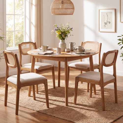 EALSON Mid Century Dining Chairs Set of 4, Beige Fabric Linen Upholstered Sea...