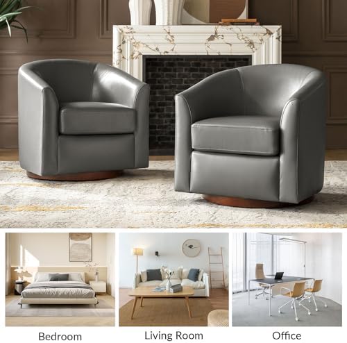 HULALA HOME Genuine Leather Swivel Barrel Chair with Solid Wood Base, Grey | Transitional Round Swivel Accent Chair with Flared Armrests, No Assembly Required, for Living Room Bedroom Reading Relaxation