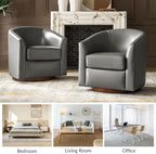 HULALA HOME Genuine Leather Swivel Barrel Chair with Solid Wood Base, Grey | Transitional Round Swivel Accent Chair with Flared Armrests, No Assembly Required, for Living Room Bedroom Reading Relaxation