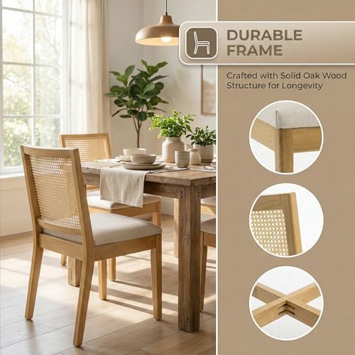 HNY Farmhouse Rattan Dining Chairs Set of 6, Natural Solid Hardwood Frame, Up...