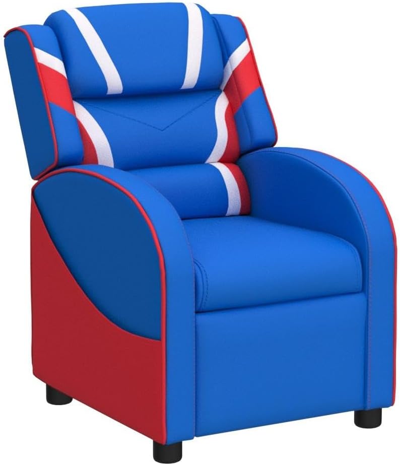 Costzon Kids Recliner, Gaming Recliner Chair w/Footrest, Headrest, Lumbar Support & Side Pockets, Ergonomic Leather Lounge Chair for Living & Gaming Room, Adjustable Recliner Sofa for Boys Girls, Blue