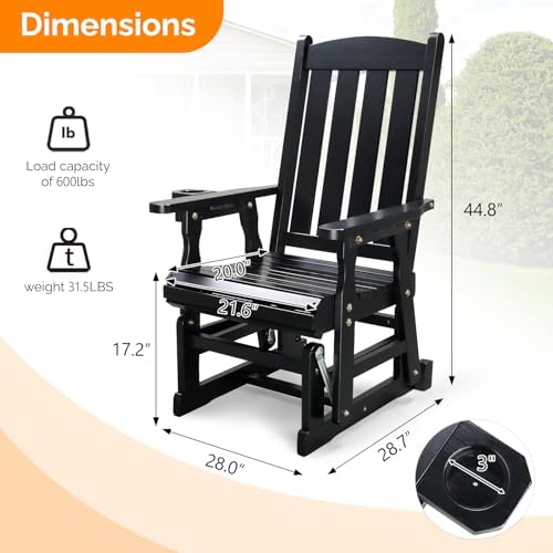 VINGLI Outdoor Glider Chair Wood Patio Glider with Cup Holder, Porch Glider w...