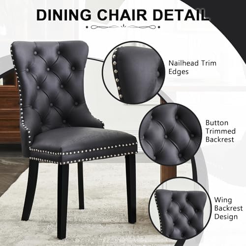 Leather Dining Chairs, Upholstered Dining Room Chairs, Black, Set of 6