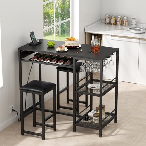 Bar Table and Chairs Set with Power Outlet, Pub Table and Chairs Set for 2