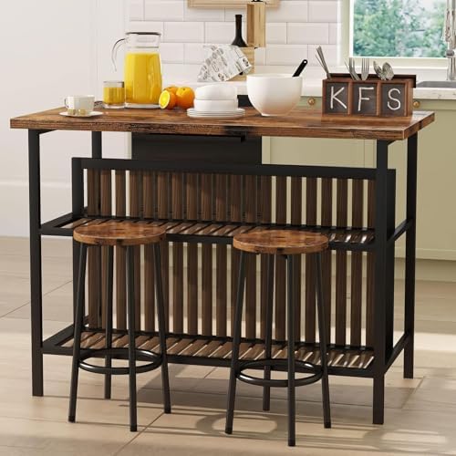Kitchen Island with Seating & Storage, Bar Table and Chair Set Rustic Brown