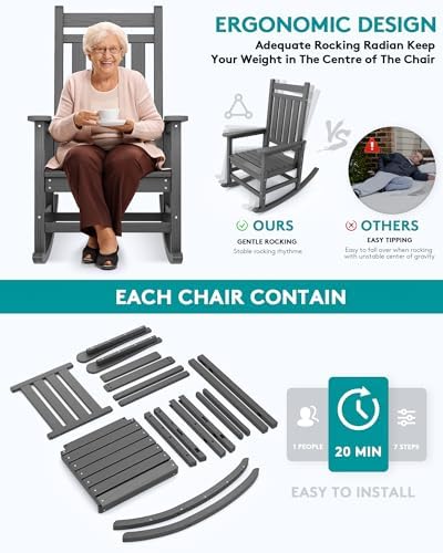 SERWALL Outdoor Rocking Chair Set of 2, HDPE Rocking Chairs for Adult, Grey |...