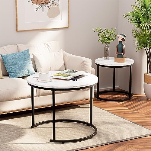 aboxoo Round Nesting Coffee Table Side Table Set of 2 End Tables for Living R...