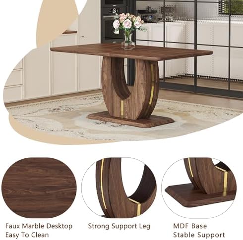 JUFU Dining Table Set for 6, 63 Inch Rectangular Kitchen Table and 6 PU Upholstered Chairs, Walnut Wood Grain MDF Tabletop, U-Shaped Pedestal Base, Modern Dining Room Set for Kitchen, Apartment
