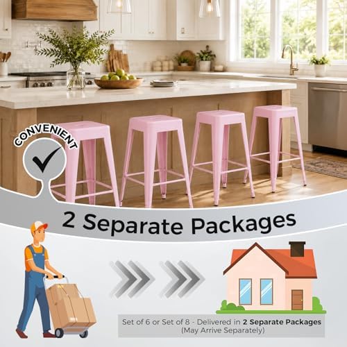 30 Inch Pink Metal Bar Stools, Set of 4, Backless