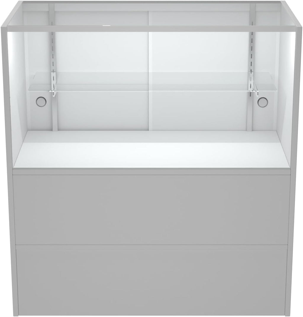 WISDOMFUR 48” Display Showcase with LED Lighting – White Melamine Finish, Adjustable Glass Shelf, Locking Sliding Doors – 4ft Retail Display Cabinet for Stores & Exhibits