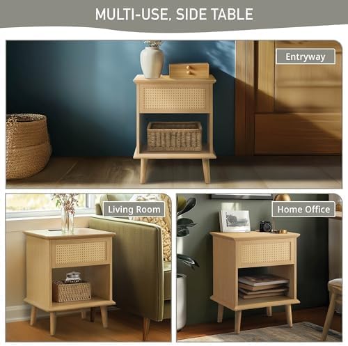 Ink+Ivy End Table with Handwoven Rattan Design, Night Stand with Storage Draw...