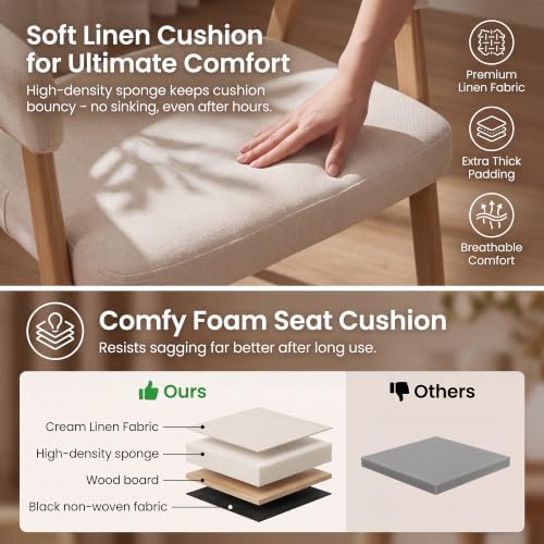HNY Modern Dining Chairs with Arms Set of 2, Cream Linen Upholstered Chairs