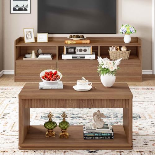 FATORRI Coffee Table and TV Stand Bundle for Living Room, Walnut TV Console E...