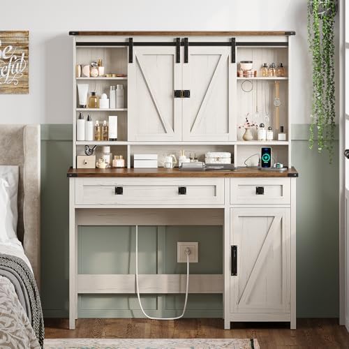 AOGLLATI Makeup Vanity with Lights & Barn Doors, Vanity Desk with Mirror ...