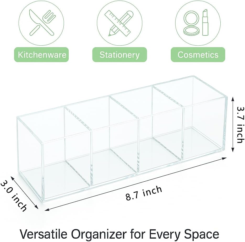 Clear Acrylic 4-Compartment Organizer Box, Large (8.7" × 3.0" × 3.7") – Handcrafted, Eco-Friendly, Minimal Packaging Home Storage Organizer