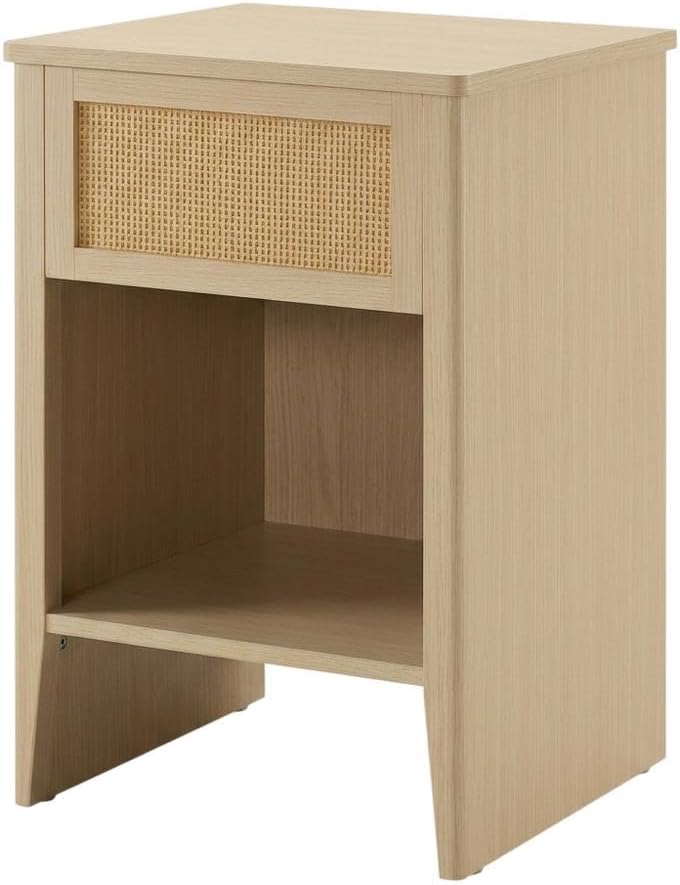 Furnifact Rattan Accent Side Table with Drawer Storage, Open Shelf, Modern De...
