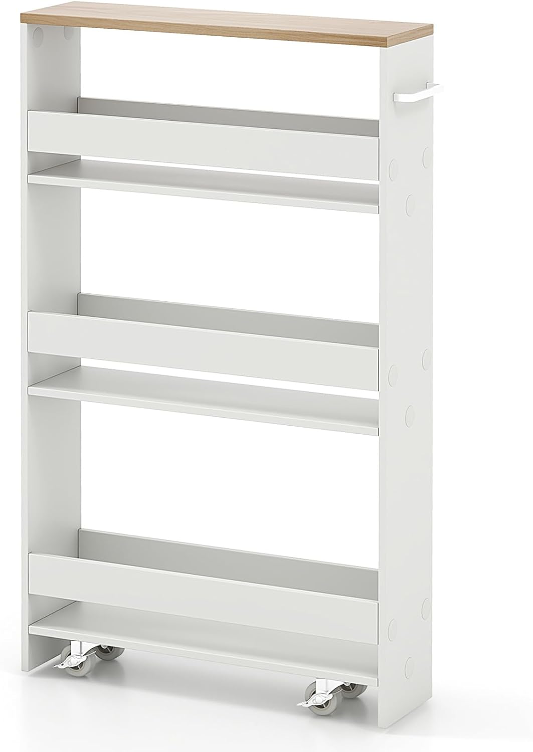 MAT EXPERT Slim Rolling Storage Cart, 4-Tier Freestanding Slim Storage Cart with Wheels 360 Degree & Metal Handle, Wooden Utility Cart for Narrow Kitchen, Laundry Room, Bathroom (White + Natural)