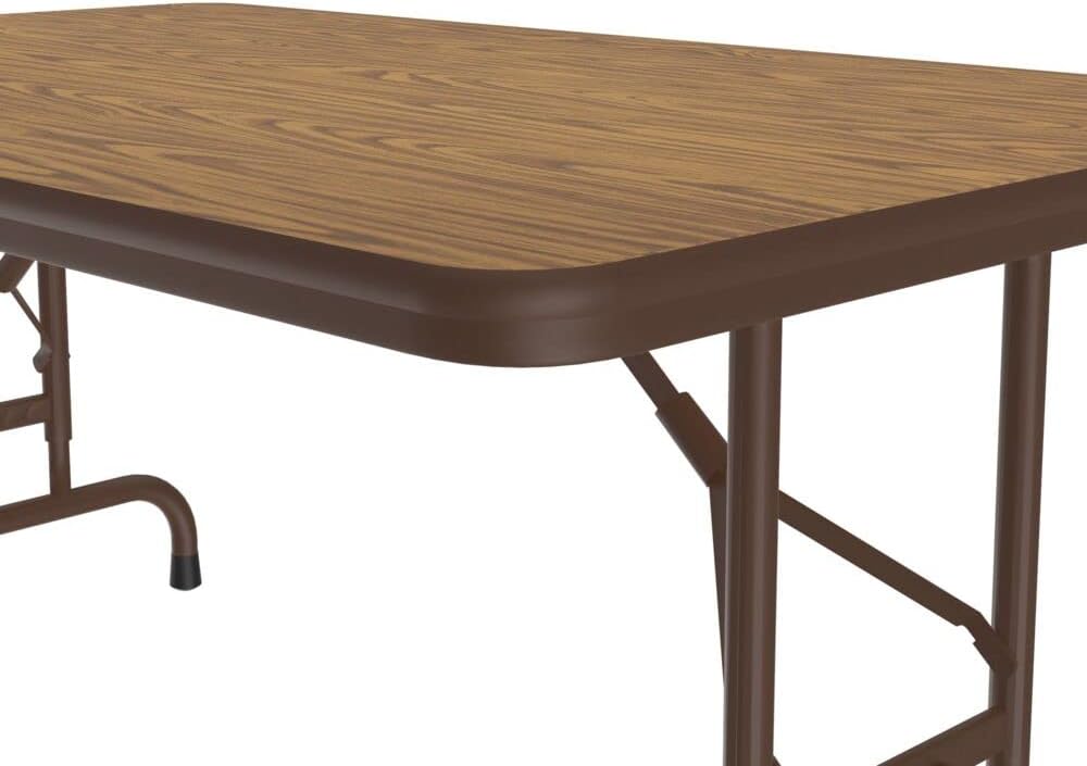 Correll Heavy Duty Adjustable Height Utility Folding Table, Melamine Top, USA Made, Strong Steel Apron, 30"x48", Medium Oak Top Brown Edge
