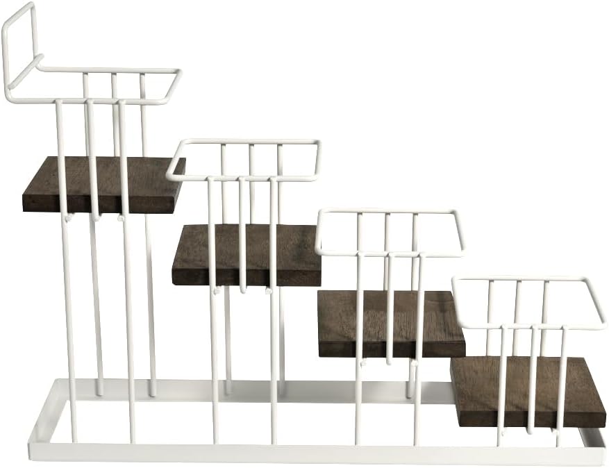 J JACKCUBE DESIGN Syrup Bottle Holder Rack, Rustic Wood and White Metal Wire 4 Tier Syrup, Wine, Dressing Bottle Countertop Display Storage Stand for Kitchen Coffee Bar- MK816B