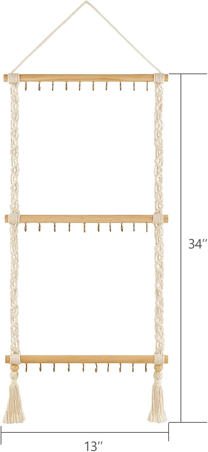Dahey Hanging Jewelry Organizer Macrame Necklace Holder with 30 Hooks Wall Mounted Jewelry Hanger Over Door Necklace Rack with Tassel for Necklace Bracelet Earring Headband Bow Organizer