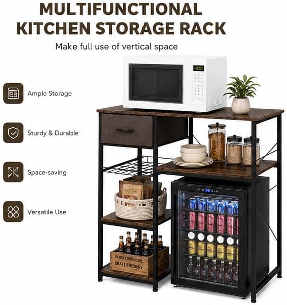 VINGLI Bakers Racks for Kitchens with Storage Mini Fridge Stand Bar Cabinet with Mini Fridge Space, Big Drawer, Wine Rack, Metal Frame Industrial Workstation Microwave Oven Stand 4-Tiers