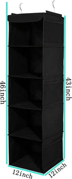 2 Pack Hanging Closet Organizer, 5 Shelves Hanging Storage with 6 Side Pockets for Clothes Shoes, 43"x12"x12"(Black)