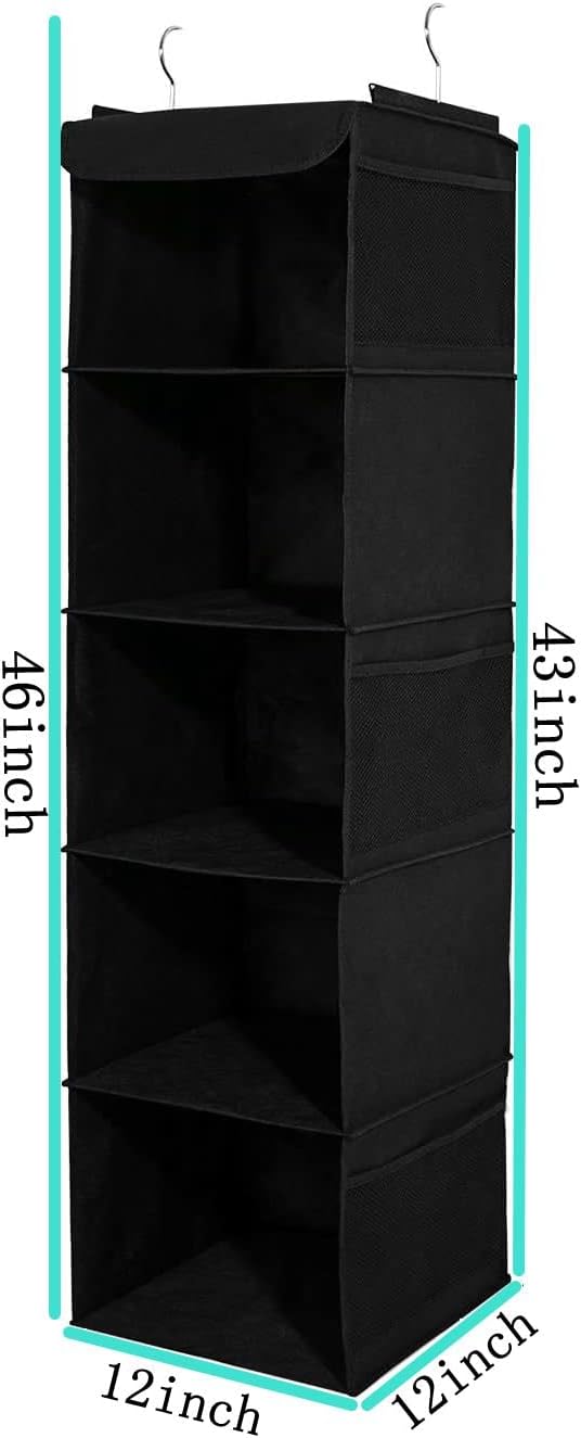 2 Pack Hanging Closet Organizer, 5 Shelves Hanging Storage with 6 Side Pockets for Clothes Shoes, 43"x12"x12"(Black)