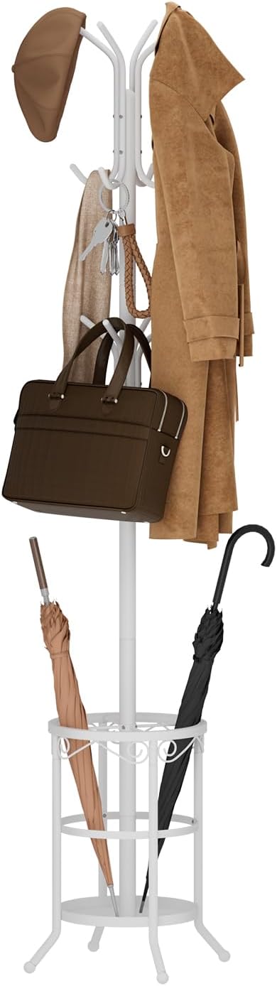 Coat Rack Freestanding with Umbrella Holder – Metal Hanger Stand, Hall Tree w...