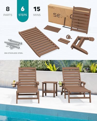 SERWALL HDPE Outdoor Lounge Chair Set of 2 with Cup Holder, Brown | with 5 Po...