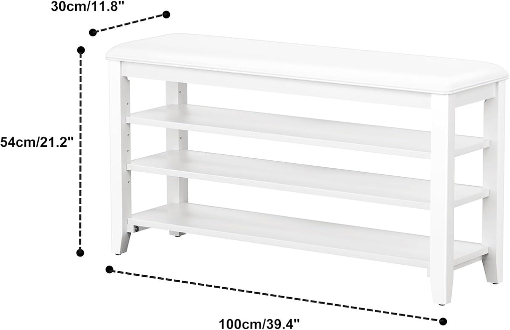 Shoe Rack Bench Entryway Storage with Leather Cushion, Shoe Organizer Bench for Entryway, Ideal for Front Doors Entrances Hallway Mudroom Featuring Rubberwood And 3 Height-Adjustable Removable Shelve