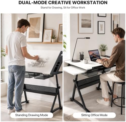 Athena Collection Wooden Drafting Table W/Stool, Tilting Art Desk, White