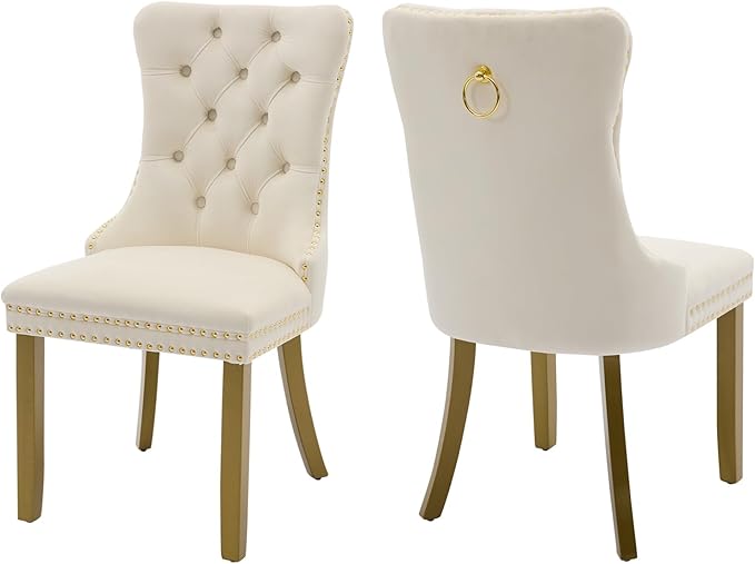 Velvet Dining Chairs Set of 2, High-end Tufted Upholstered Dining Chair with Back Ring Pull, Nailhead Trim and Golden Solid Wood Legs, Modern Dining Room Chairs for Dining Room, Cream