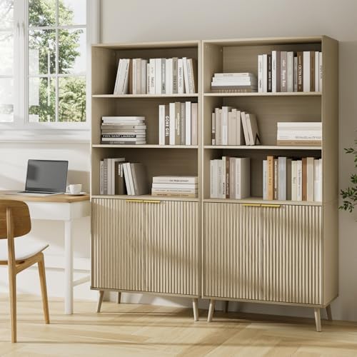 LYNSOM Beige Bookshelf, 70.9" Tall Book Shelf, 5-Tier Bookcase with Flut...