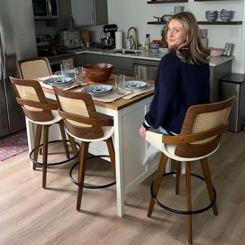 Mid Century Modern Counter Stools, Rattan Swivel Counter Stools with Back | N...