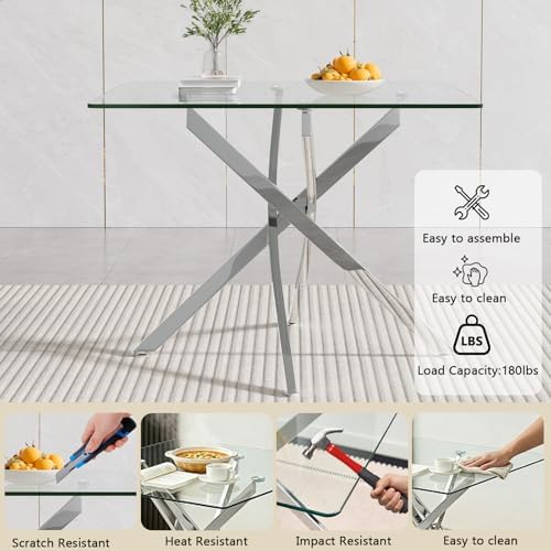 HomVent 3Pcs Square Glass Dining Table Set for 2 with 2 Grey Leather Chair | 36''Silver Glass Dining Room Table Set Kitchen Table Chair Set of 2,Dinner Table Dining Set with Glass Top for Home Kitchen