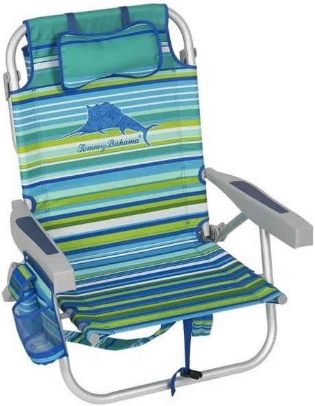 Tommy Bahama 5 Position Beach Chair, Zippered Insulated Cargo Pouch, Cup and Cell Phone Holders, Towel Bar, Pillow for Extra Comfort, Heavy-Duty Weight Capacity, 2-Pack (Aqua Stripes)