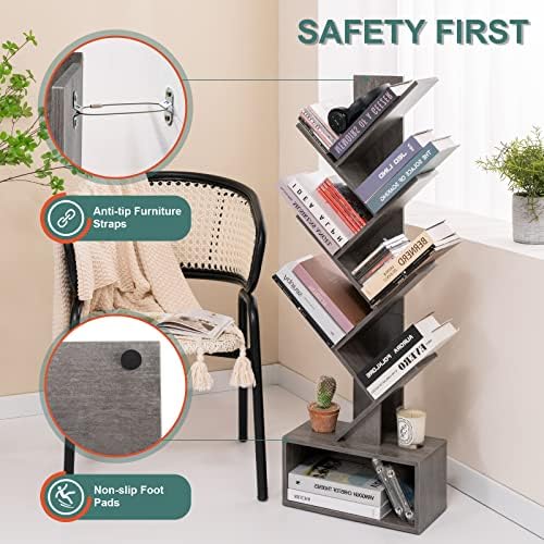 Yoobure Tree Bookshelf - 6 Shelf Retro Floor Standing Bookcase, Tall Wood Boo...