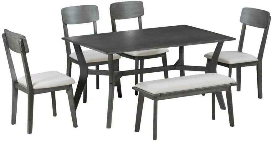 Mid-Century Modern 6-Piece Dining Set with Table, Chairs & Bench