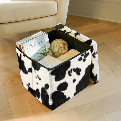 Luxe Faux Fur Storage Ottoman, Cowhide Black/White, 15 x 15 x 15 in