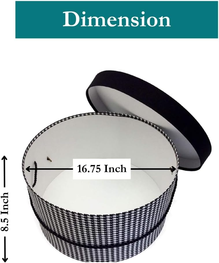 Sarah's Hat Boxes Classic Houndstooth Hat Box – 16.75" x 8.5" (Dia. x Ht.) Handmade in USA – Odorless Non-Toxic Adhesive, Cording Handle – Premium Storage for Hats & Accessories