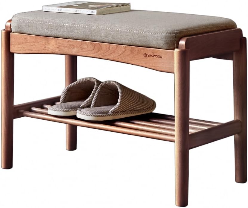 Solid Wood Shoe Bench, Shoe Rack Bench Assembled with Gray Cushion for Entryway, Hallway, Bedroom, Living Room, 11.8" x 23.6" x 16.5", Beech Wood, Walnut