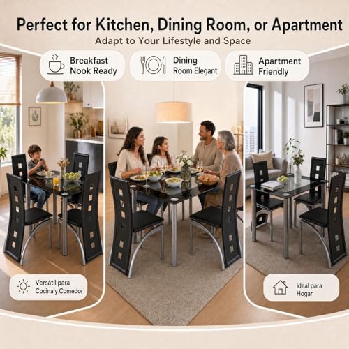 Karl home 5-Piece Dining Table Set, W/ 4 PVC Chairs & Glass Dining Table