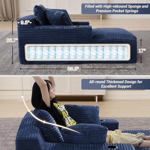 50" x 68" Corduroy Chaise Lounge, Cup Holders, Blue | Oversized cor...