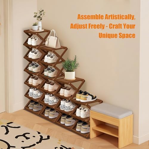 YYW Shoe Rack, Foldable Bamboo Shoes Shelf, Freestanding Shoe Storage Organiser for Entryway, Bedroom, Closet, Hallway, (Brown, 3 Layers, 25)