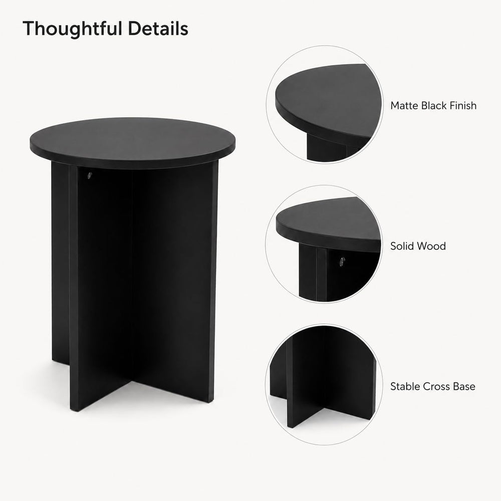 Black Round Side Table, Solid Rubber Wood Small End Table, 15.7" D | 19....